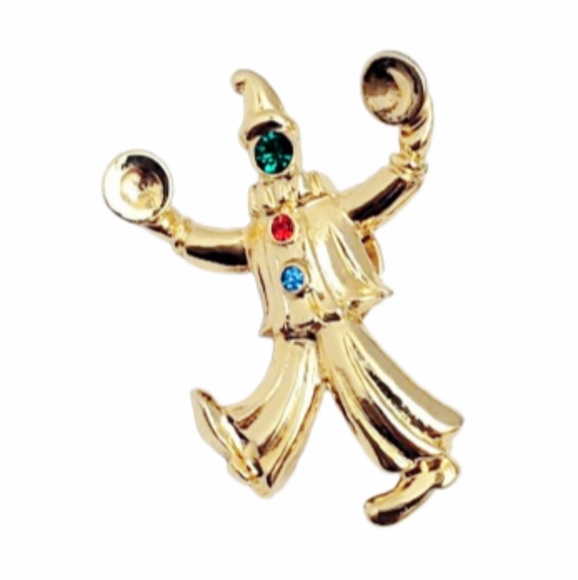 Vintage JJ Gold Rhinestone Clown Dancing Clashing Cymbals Tack Pin - Picture 1 of 10